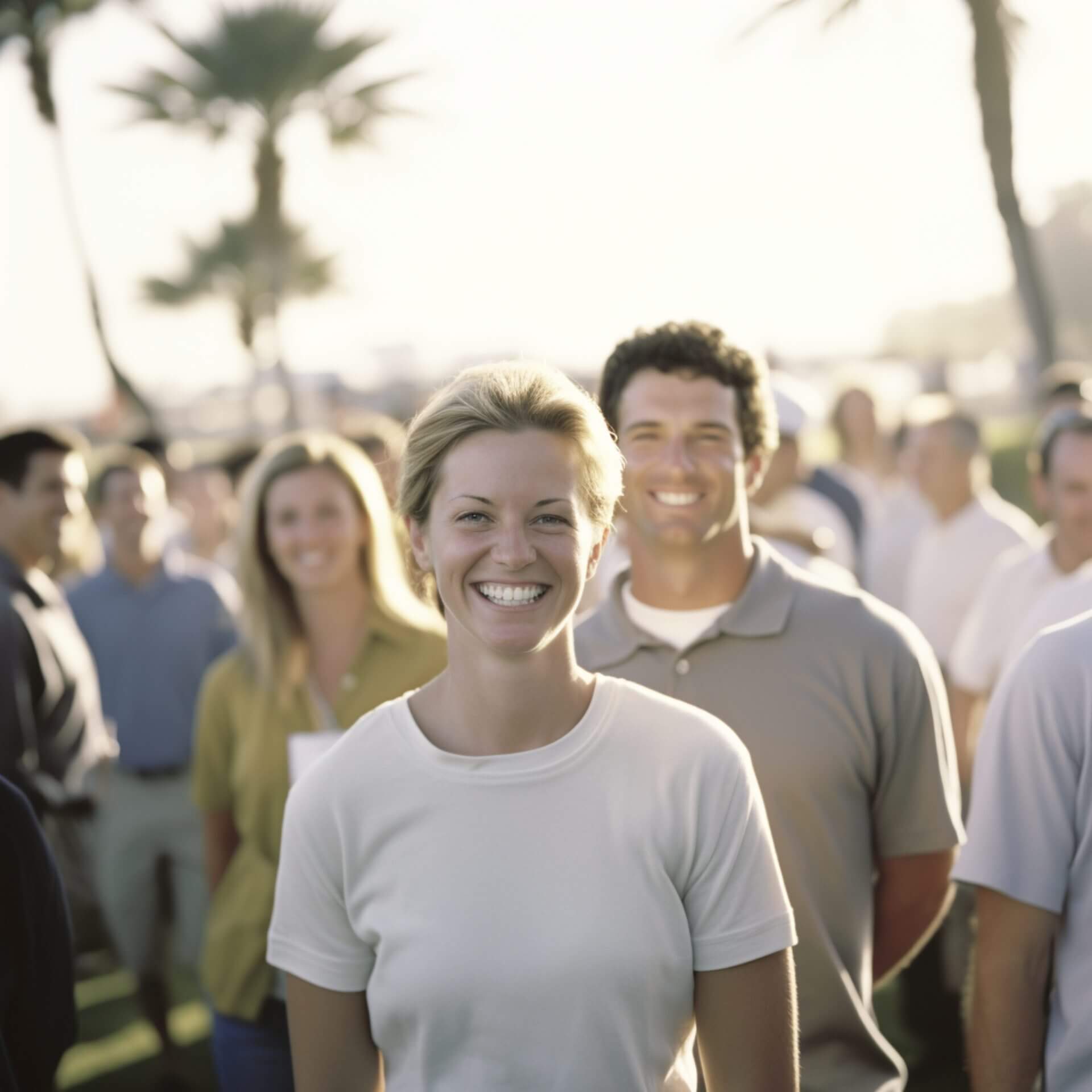 A group of donors standing outdoors, with a woman in a white t-shirt smiling at the front and a man in a grey polo shirt smiling behind her. Palm trees and a bright sky are in the background.
