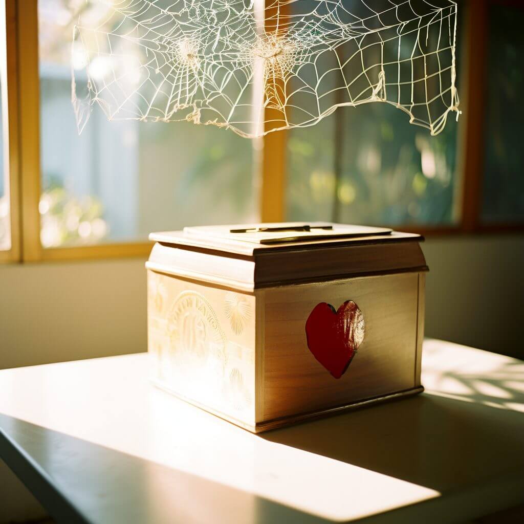 wooden donation box with cobwebs hanging above it