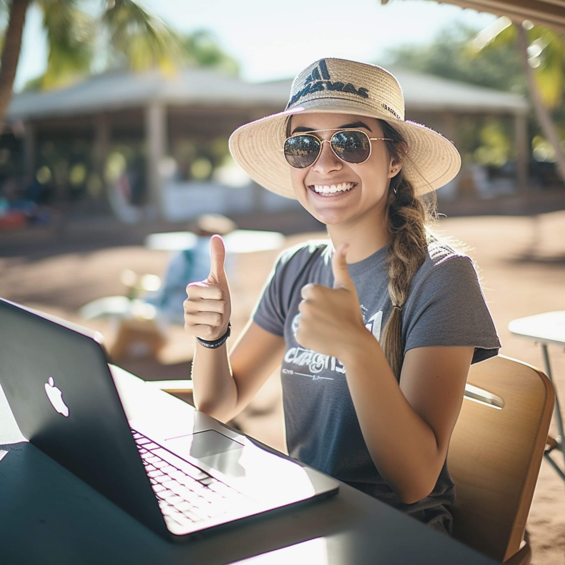 A nonprofit volunteer with a hat and sunglasses giving a thumbs up while working on her laptop.