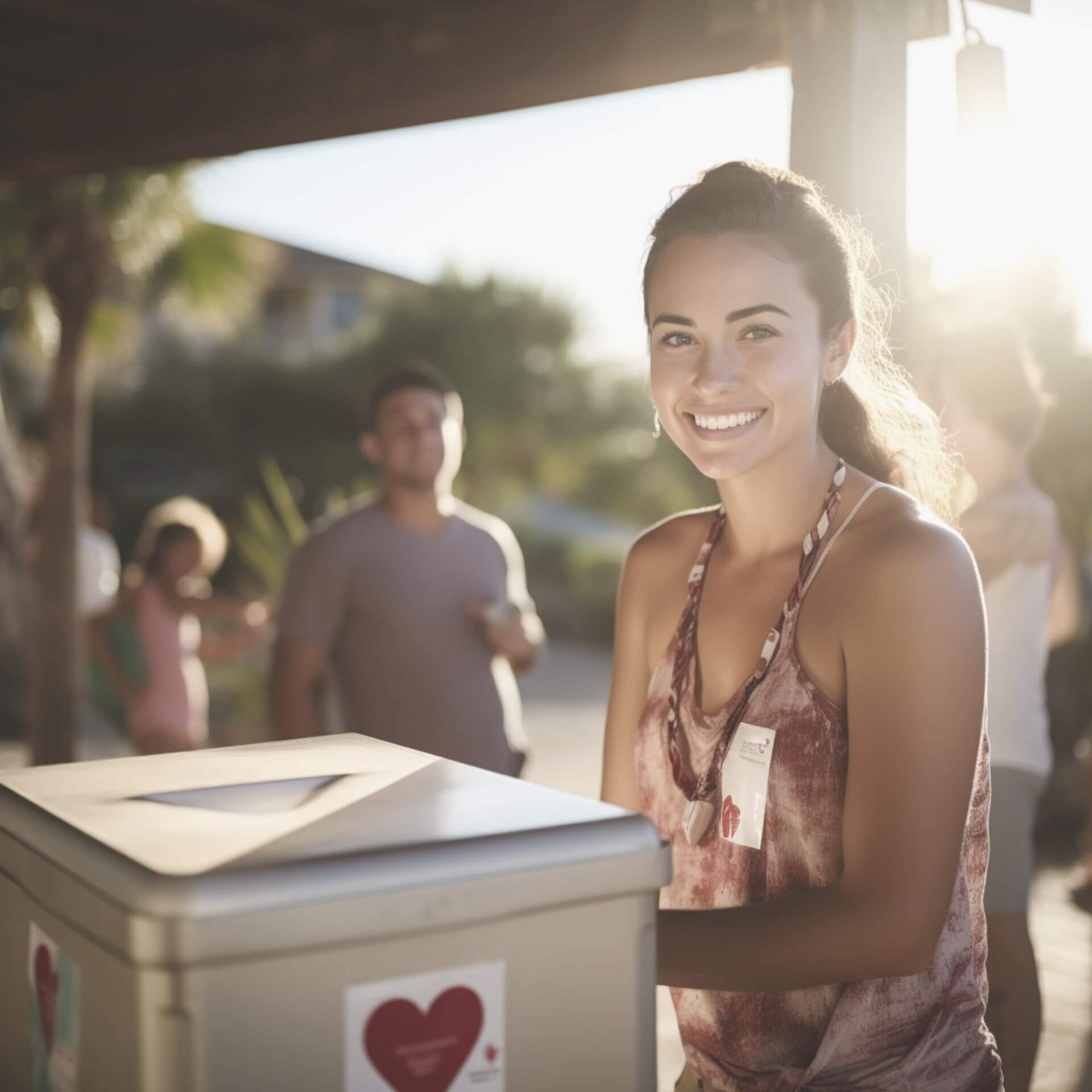 A millennial woman manning a donation box with a heart on it.