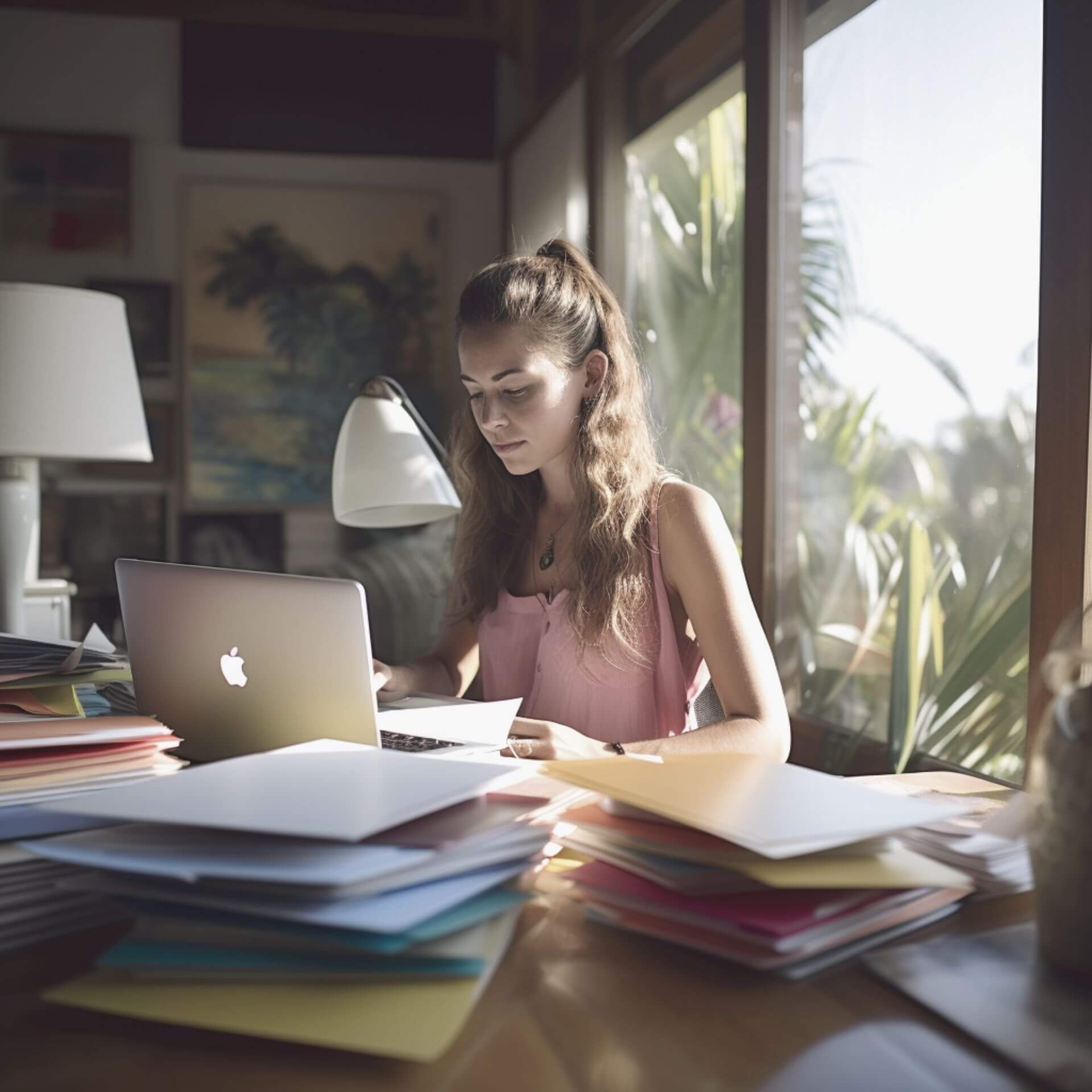 A woman sitting at a table with a stack of colorful folders for different social media channels
