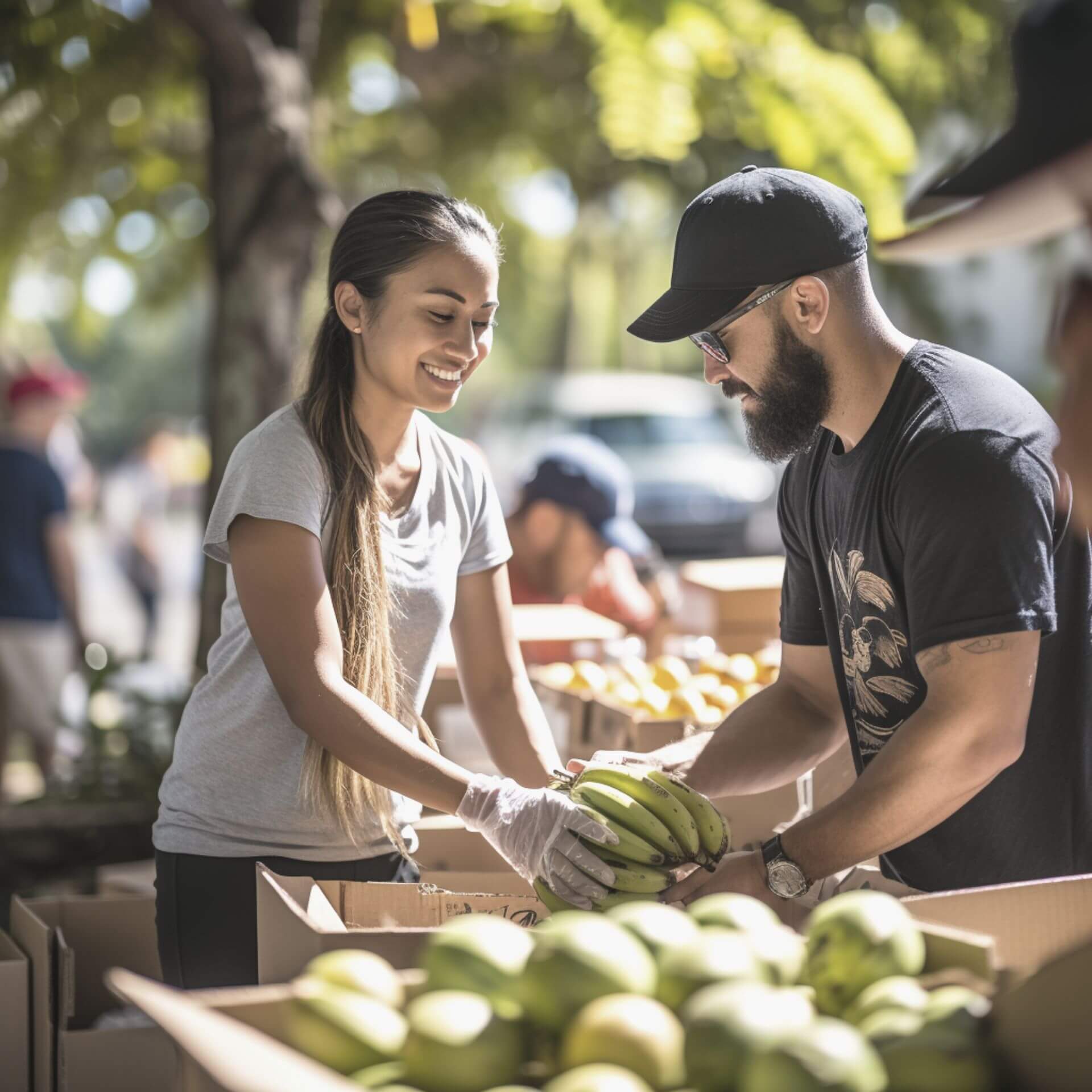A female millennial nonprofit volunteer distributing fruit outdoors