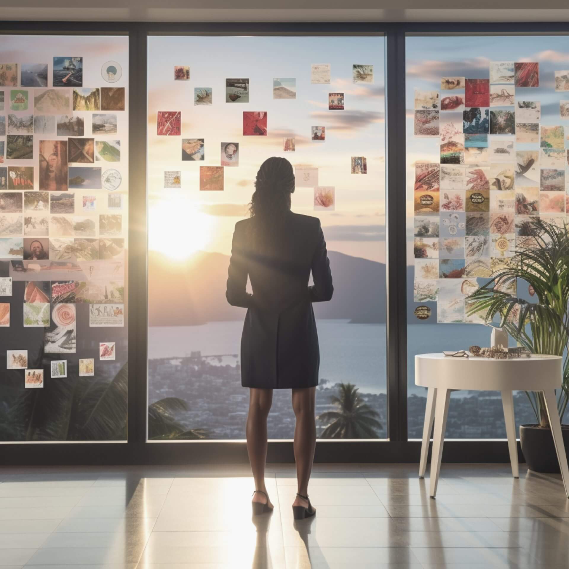 a female office worker looking at different photos of branding elements and plans on a window