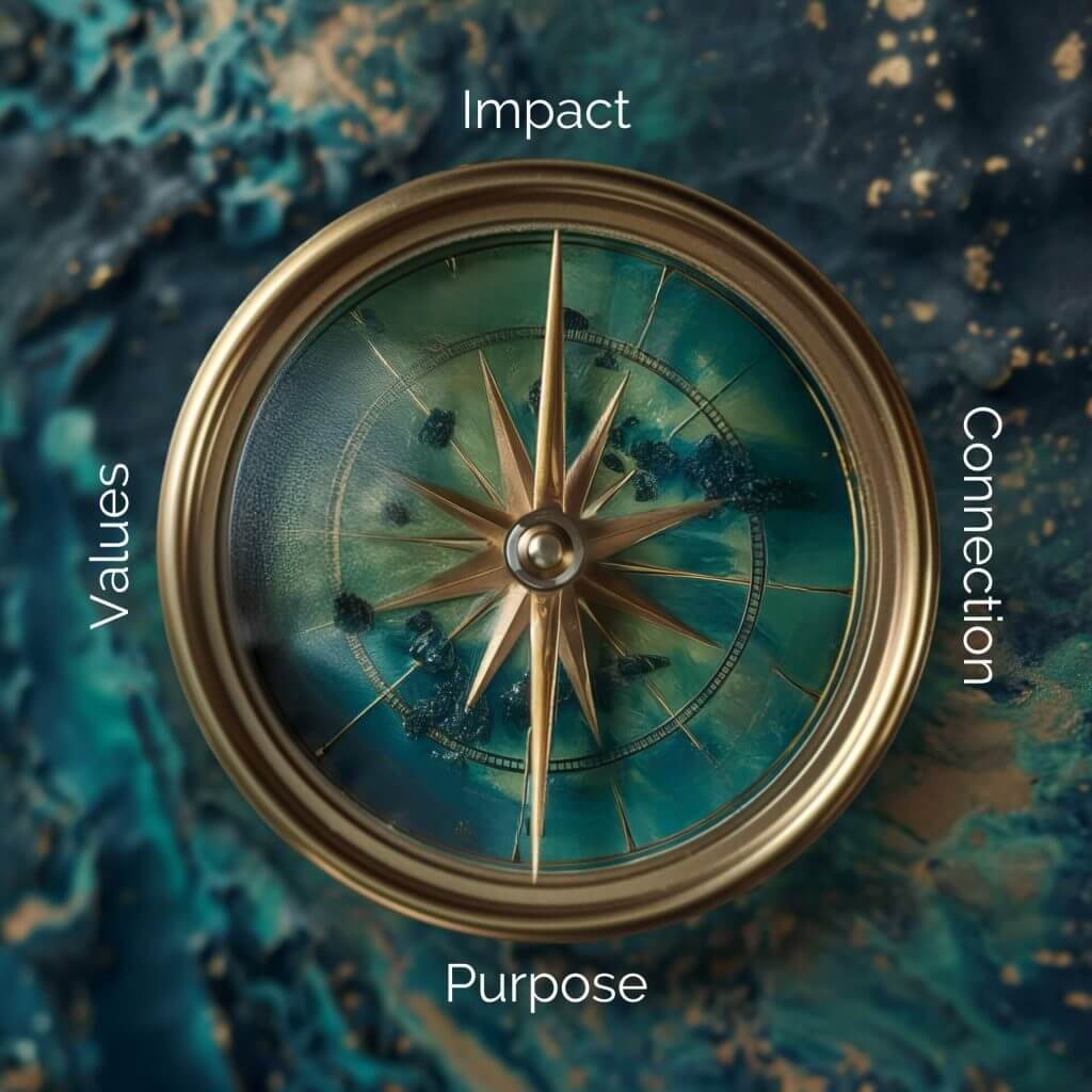 A compass with the words impact, purpose, values, and best practices for creating purposeful content.