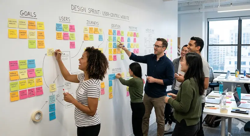 Design sprint workshop with team members using sticky notes on a wall - user centric website design