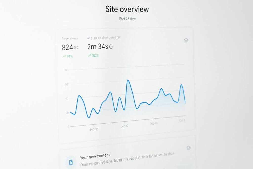 Website analytics dashboard for high performance website builds: 824 views, 2m 34s avg. duration over 28 days.
