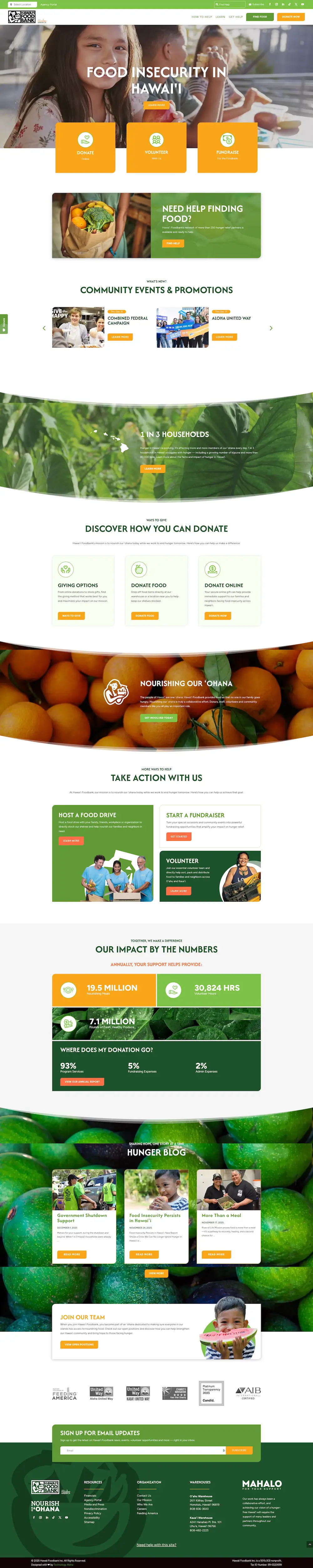 Homepage of The Food Basket, Hawaii's food bank, featuring donation options, events, impact stats, and food security resources.