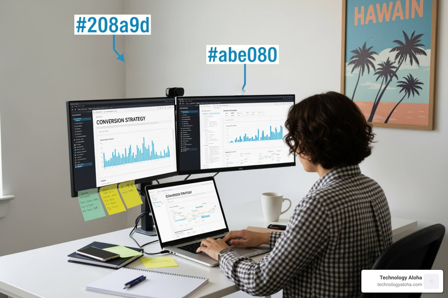 web copy writer at a professional digital workspace with dual monitors and conversion strategy dashboard