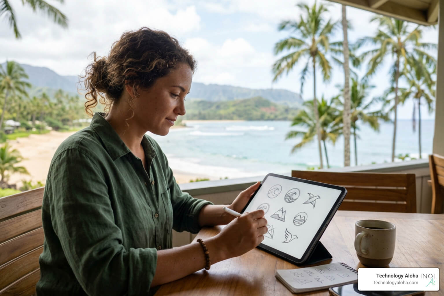 A designer sketching logo concepts on a digital tablet with a tropical Hawaiian beach background
