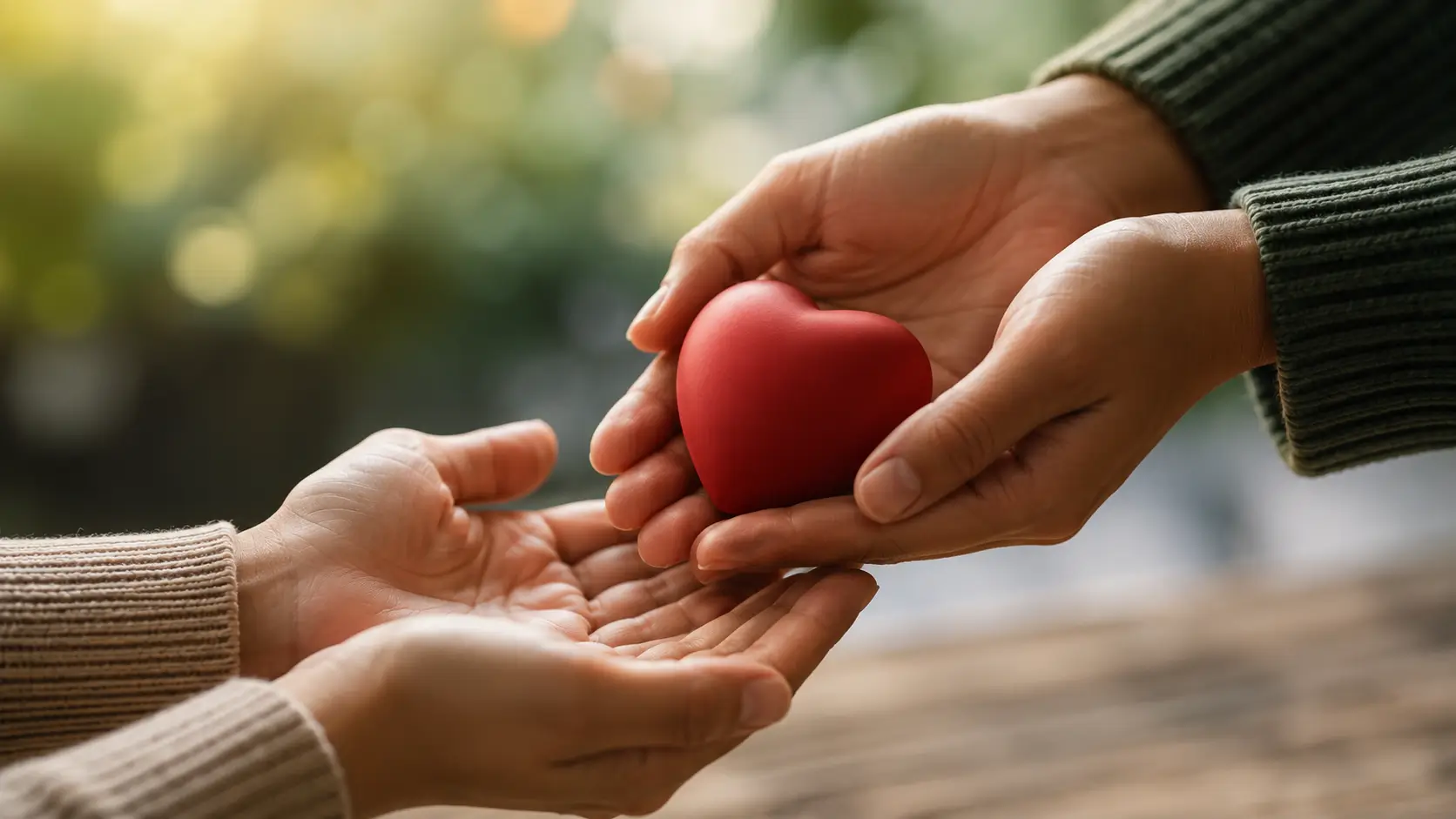 One person hands a small red heart to another—a warm trust signal, both in sweaters, outdoors in soft daylight.