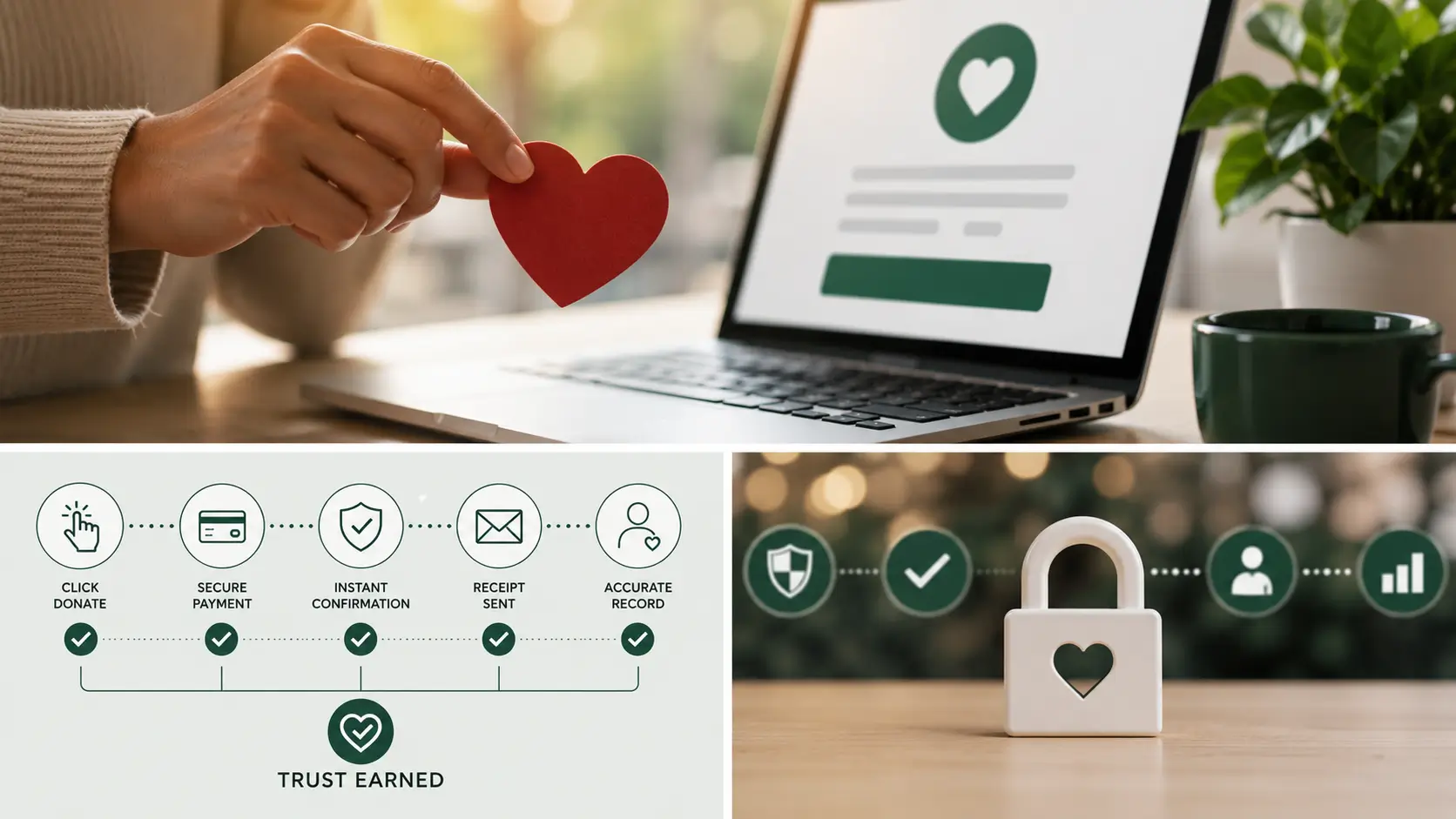 Hand holding a paper heart by a laptop shows trust signal, enhancing security in nonprofit checkout and donation flow.