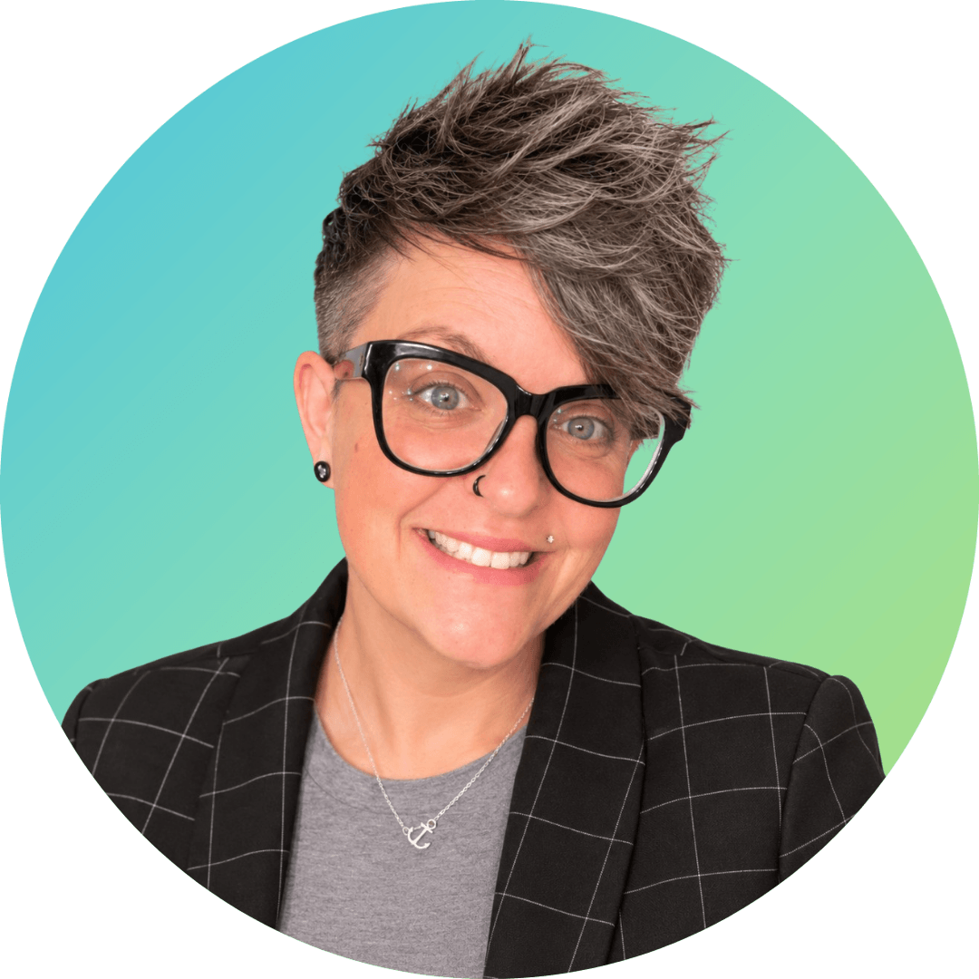 Brittany smiling while wearing black glasses and a plaid blazer against a teal-to-green gradient background.