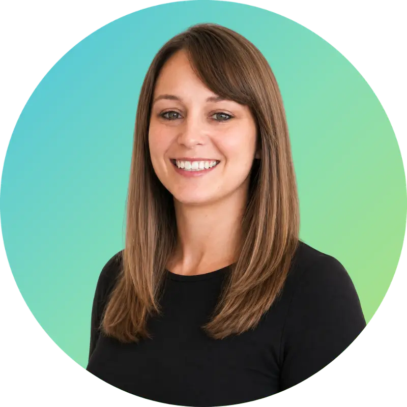 Employee Bio: Jessica, with straight brown hair and a black top, smiles warmly before a green gradient background.
