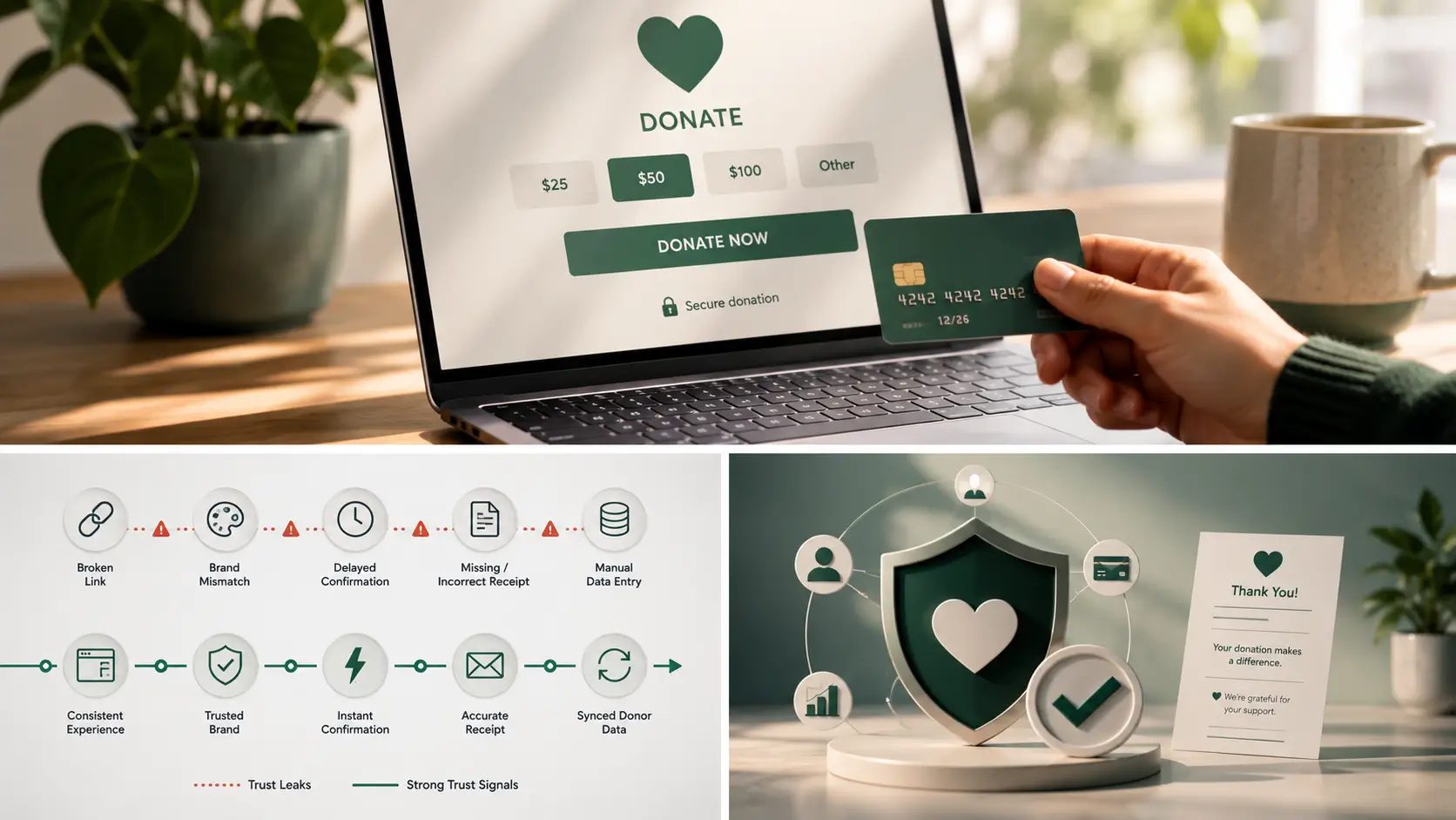 A hand holds a credit card near a laptop on a nonprofit checkout page; donation flow trust signals are shown below.