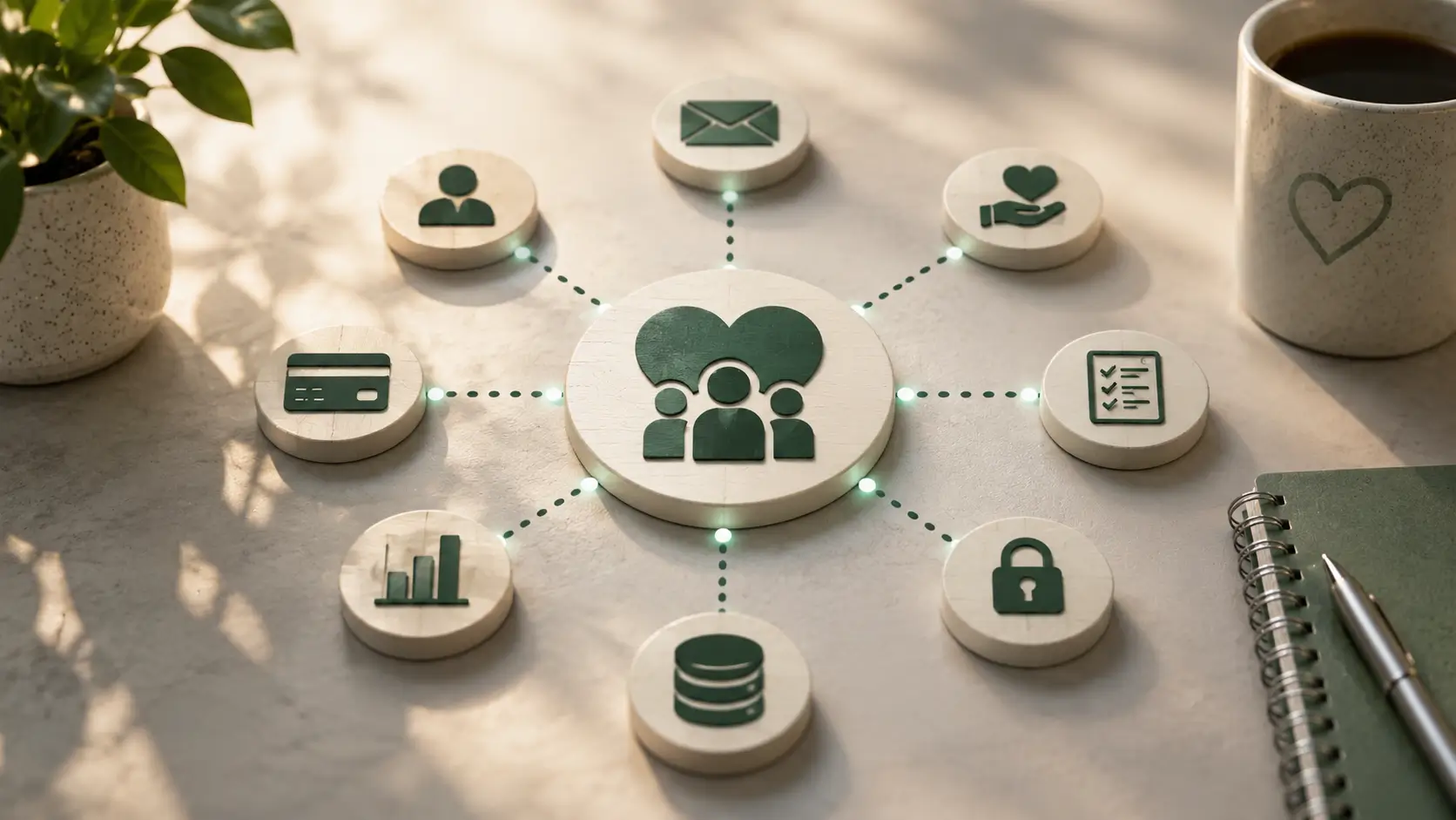 Wooden icons linked in a network around a central family symbol, highlighting data, security, and productivity.