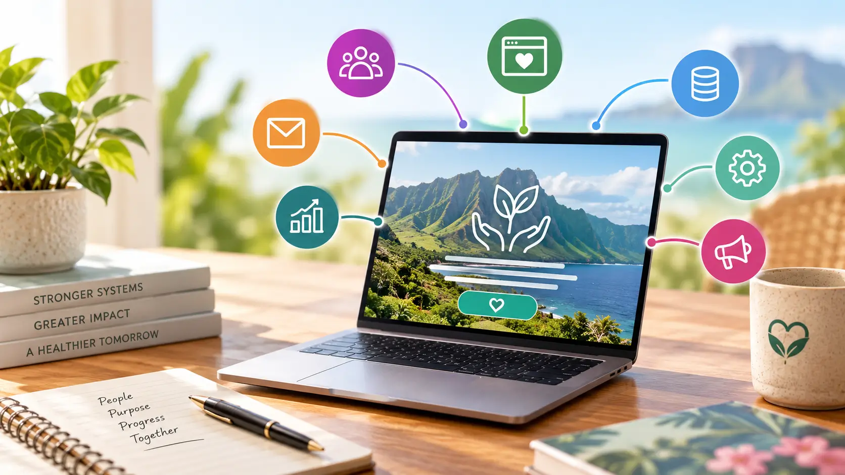 Laptop on desk with nature wallpaper, colorful icons, and books—perfect for tackling website bottleneck and time management.