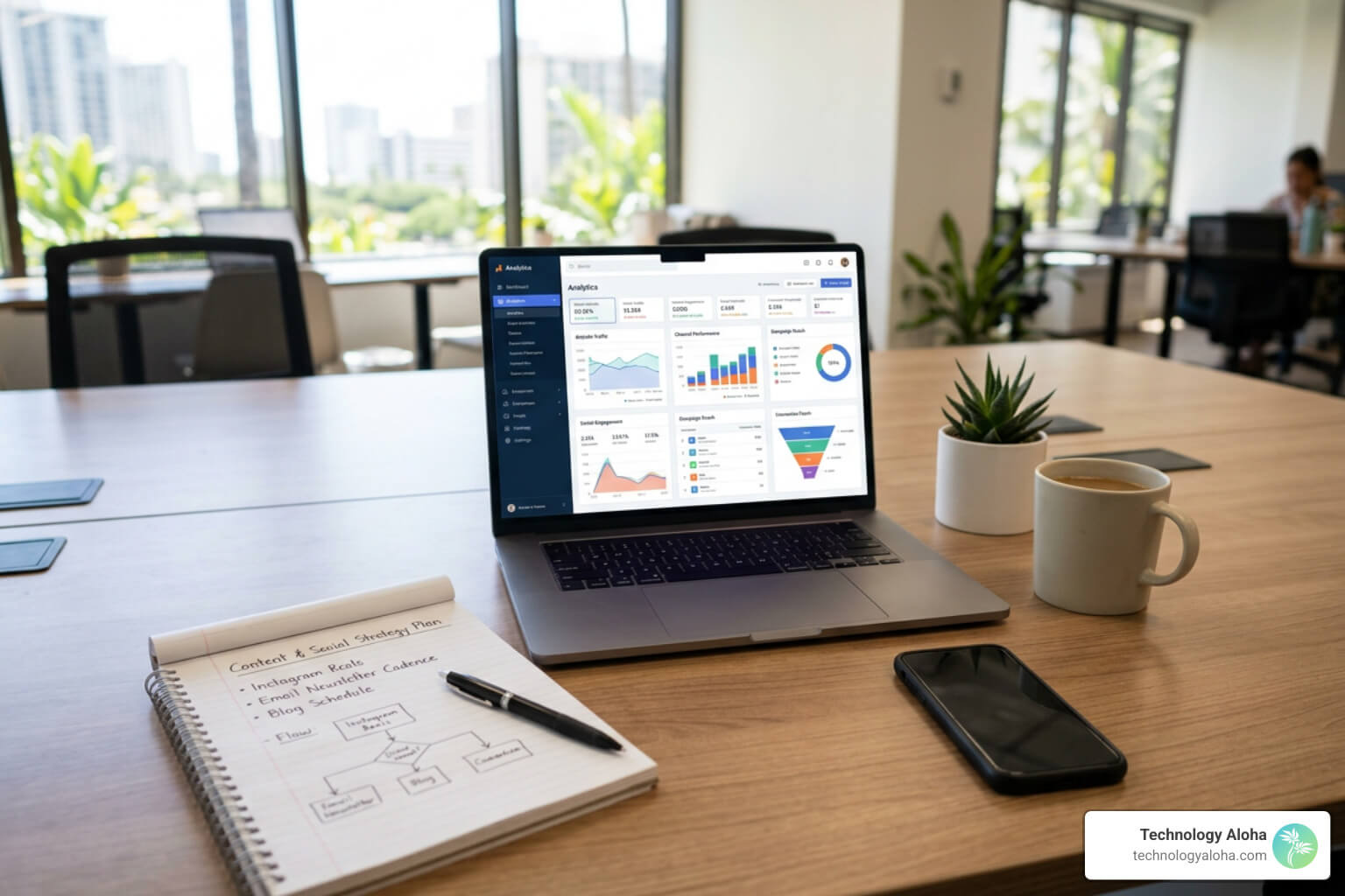Marketing strategy planning workspace with analytics and channel planning notes