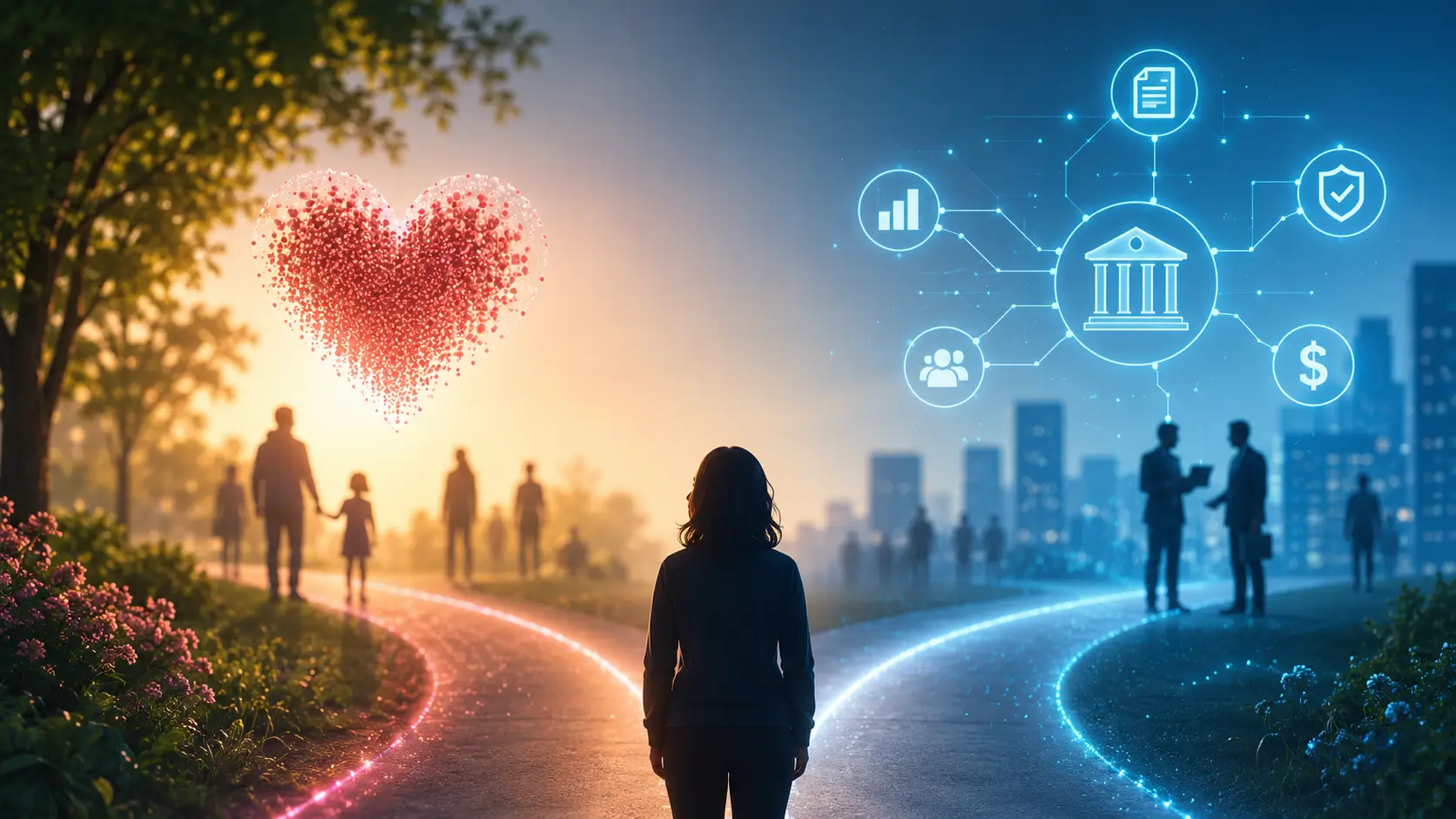 Person stands at a forked path: one side a heart, the other AI donor discovery icons, symbolizing life-changing choices.